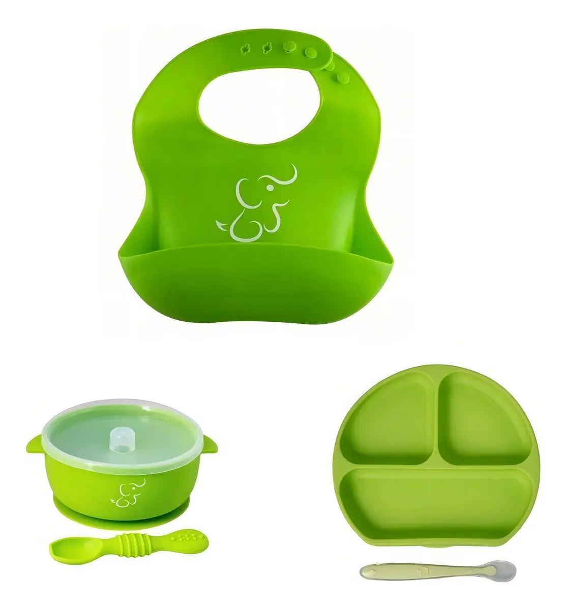 Papu Baby set de silicón verde: babero, plato y tazón con tapa