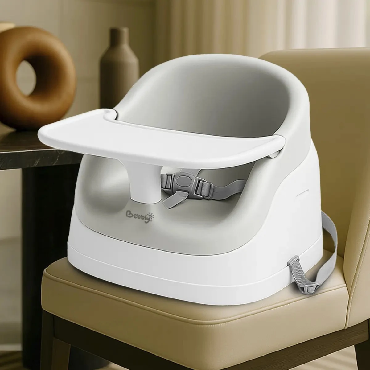 Bebbly asiento elevador gris para comer, con bandeja y arnés