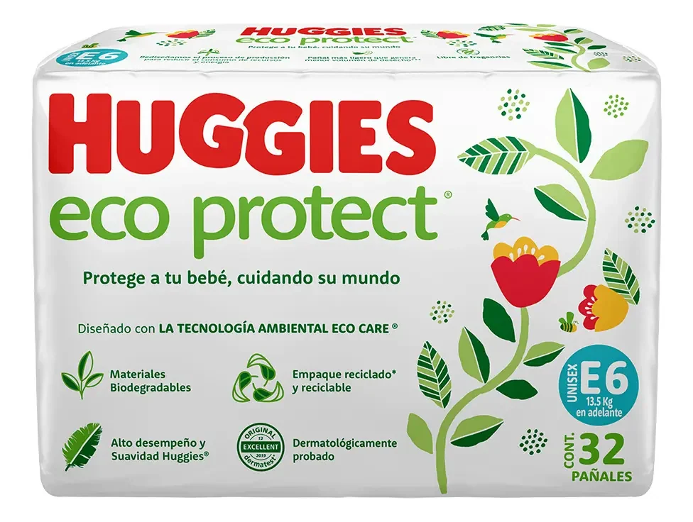 Pañales Huggies Eco Protect · etapa 6 (32 piezas)