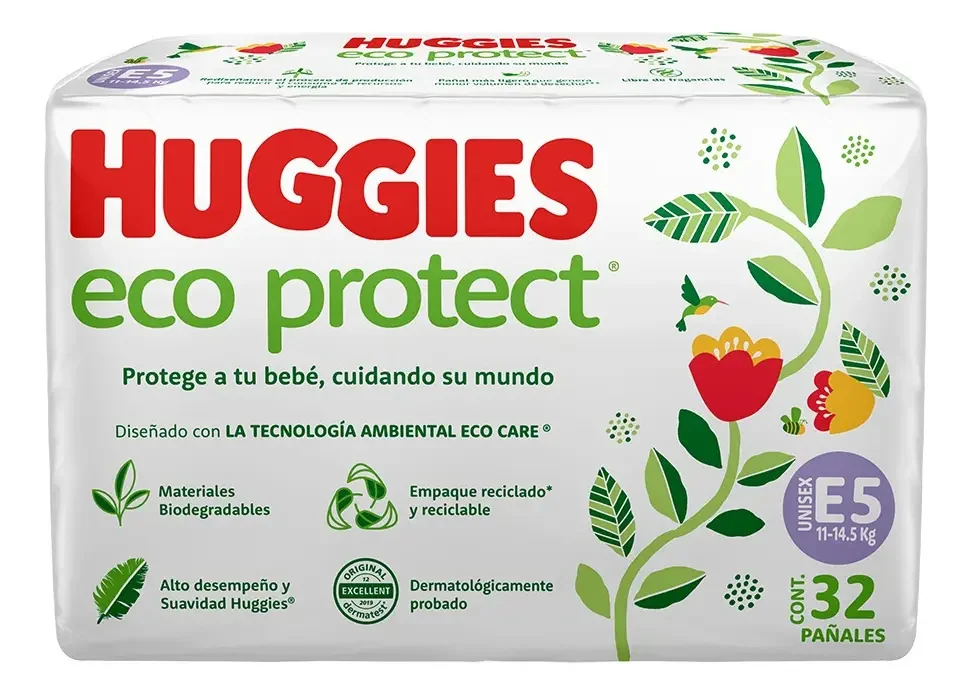 Pañales Huggies Eco Protect · etapa 5 (32 piezas)
