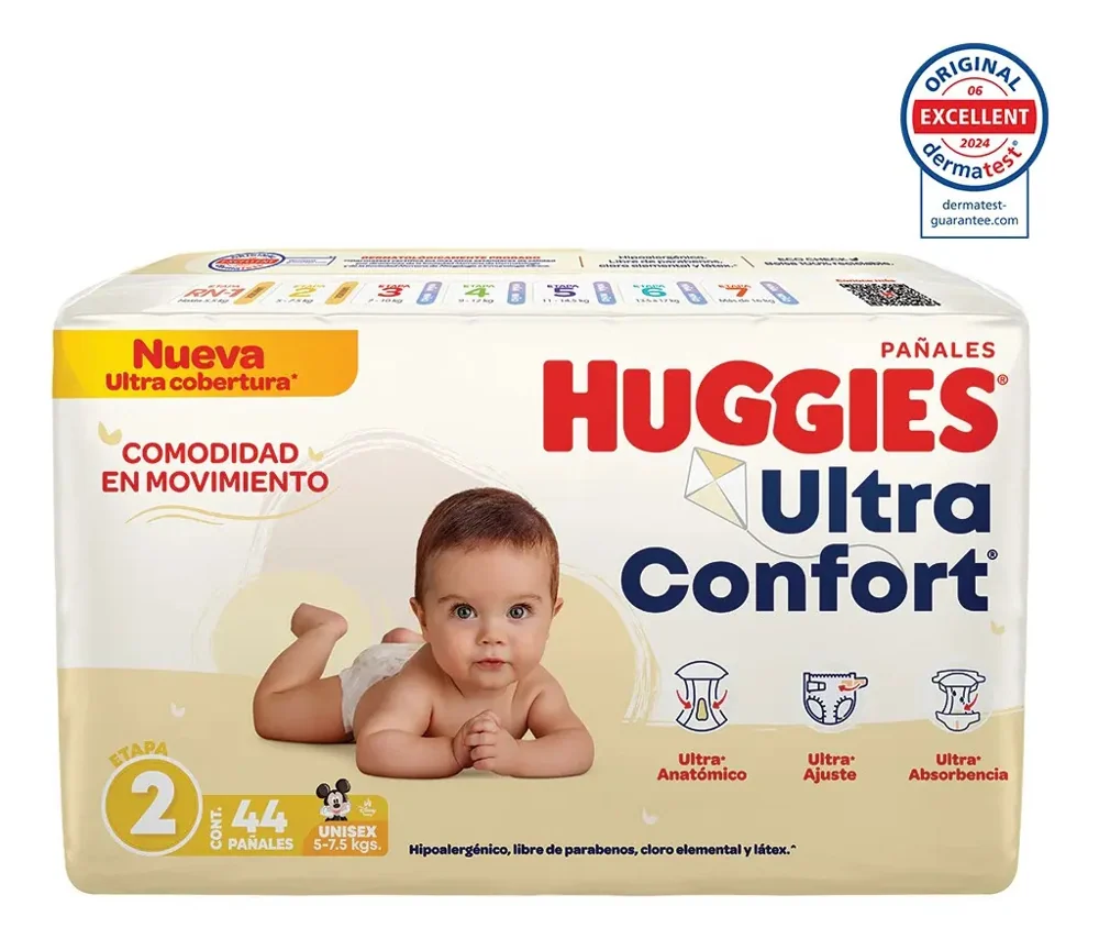 Pañales Huggies UltraConfort · etapa 2 (44 piezas)