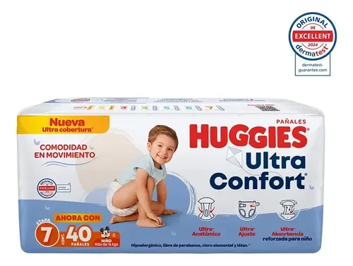 Pañales Huggies UltraConfort · etapa 7 niño (40 piezas)
