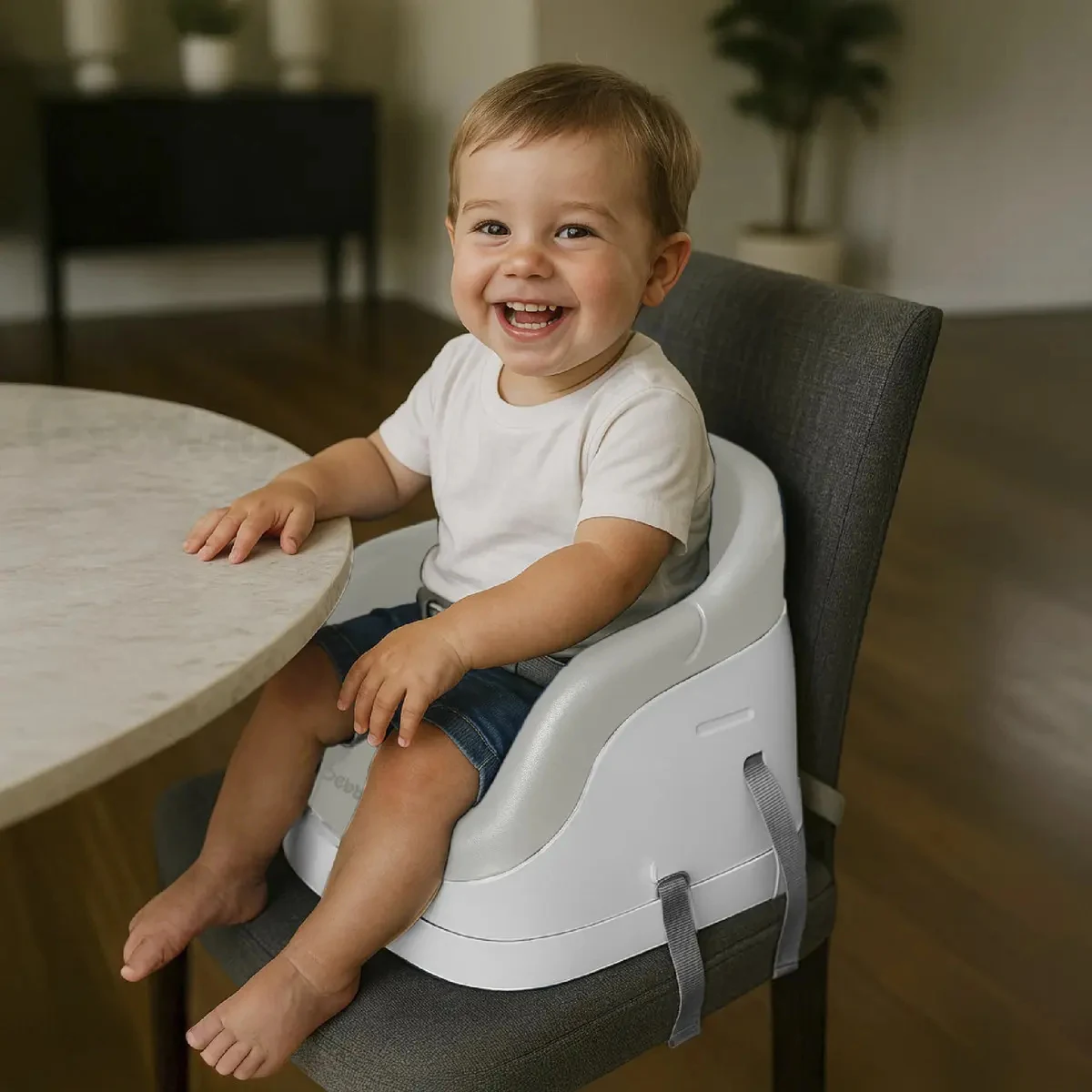 Bebbly asiento elevador gris para comer, con bandeja y arnés