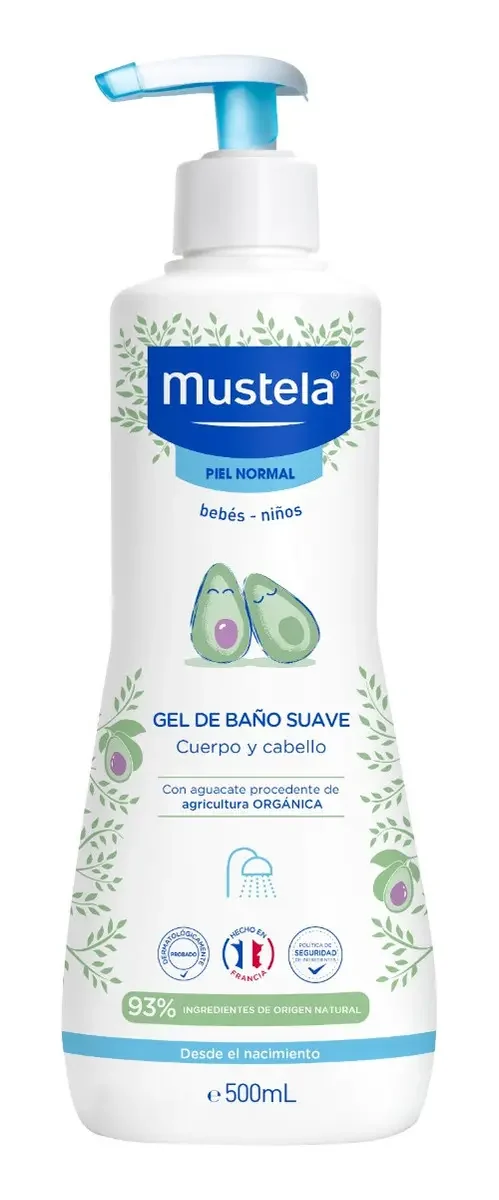Mustela gel de baño suave con aguacate, cuerpo y cabello, 500 ml