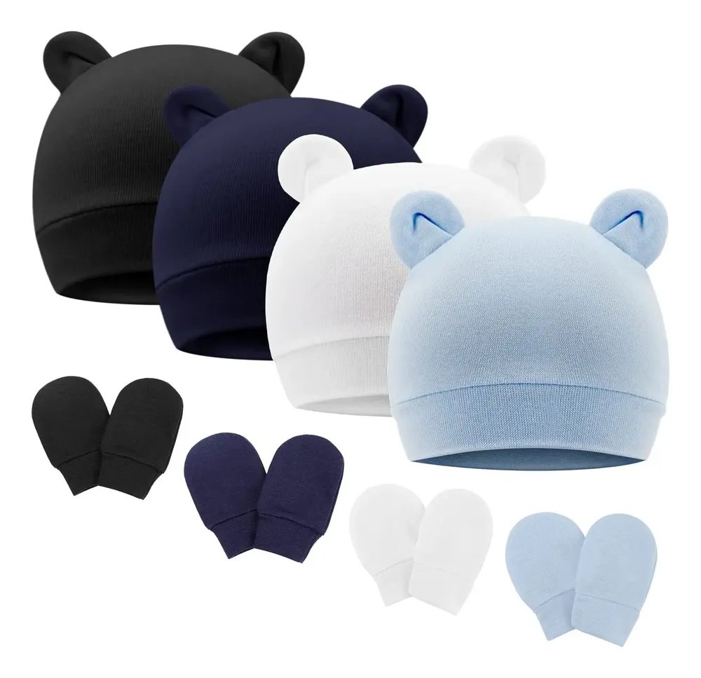 Set de 4 gorros y manoplas para bebé recién nacido