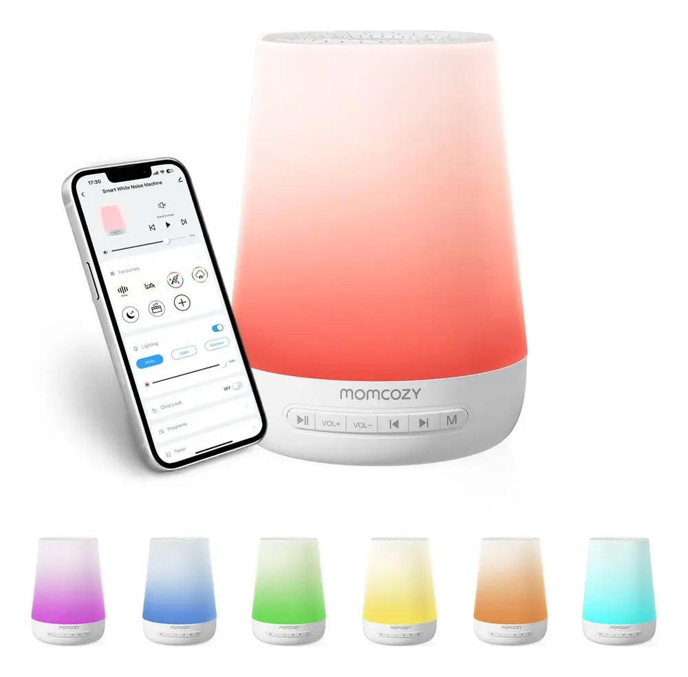 Máquina de ruido blanco Momcozy base blanca (34 sonidos + app)