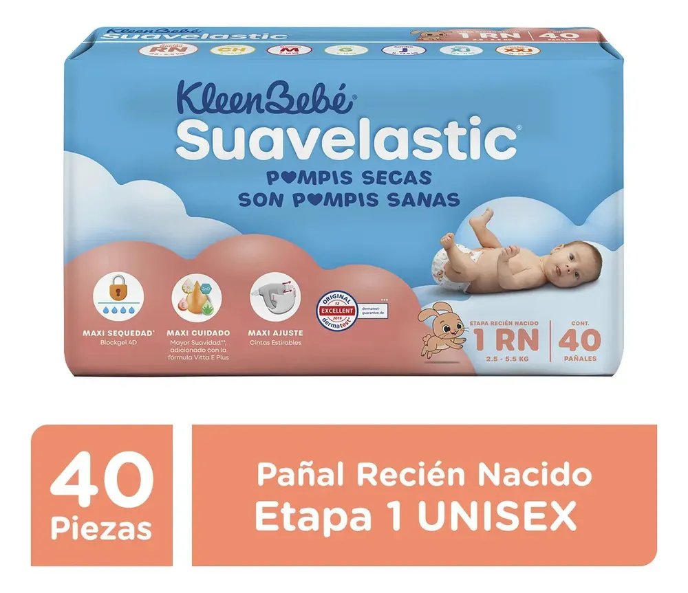 Pañales KleenBebé Suavelastic · etapa 1 recién nacido (40 pz)
