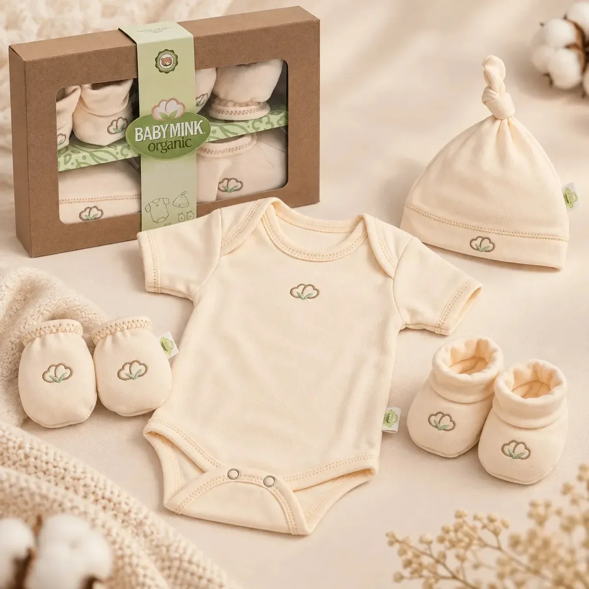 Baby Mink set de recién nacido de algodón orgánico, 4 piezas